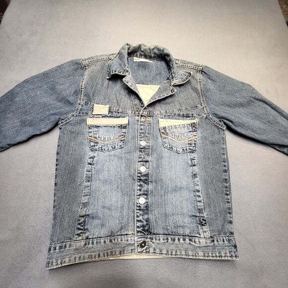 City Jean Jacket Womens L Blue Denim Trucker Distressed Y2K Grunge - Picture 2 of 8
